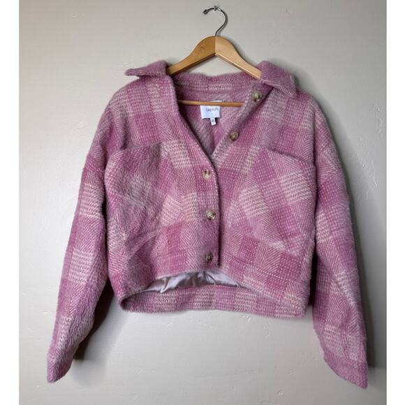 Greylin Nate Cozy Pink Plaid Cropped Fuzzy Jacket SMALL - Picture 2 of 8
